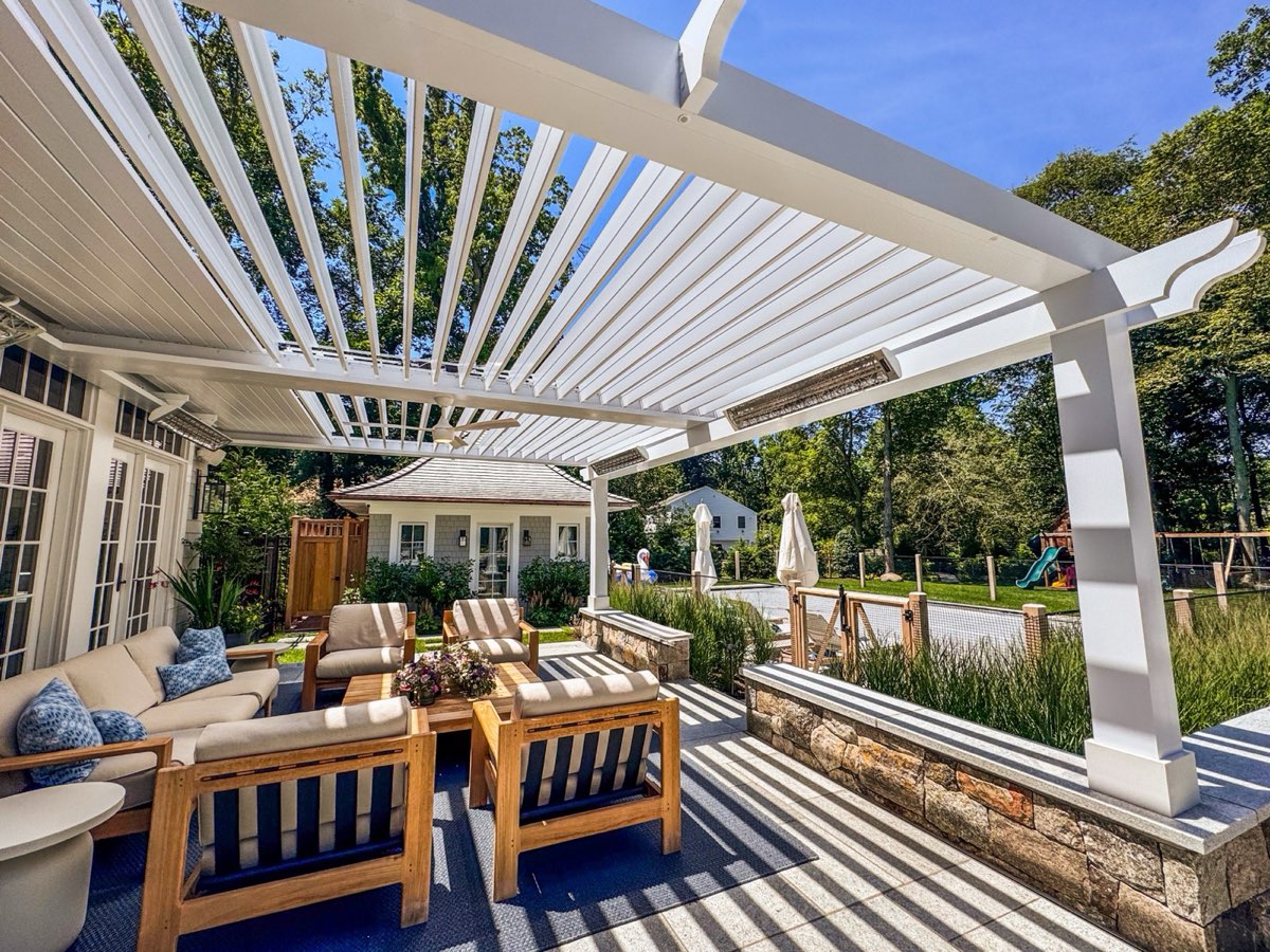 Integrated outdoor living space at twilight